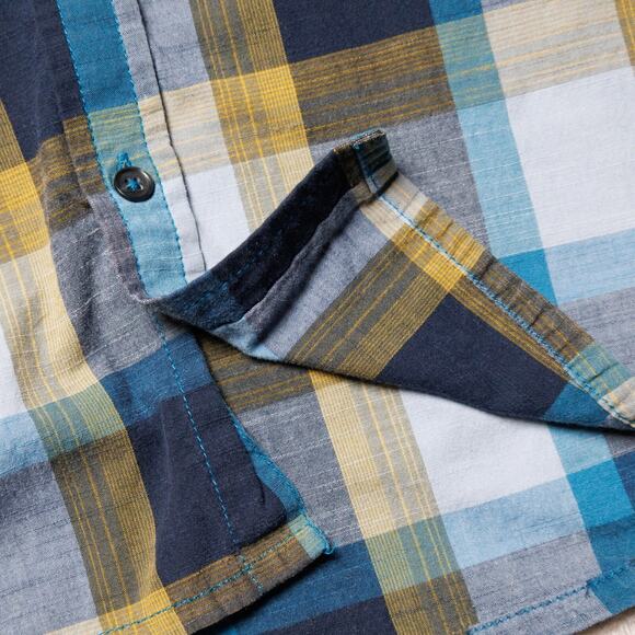 Prana Benton Blue Yellow Plaid Slim Fit Short Sleeve Button Down Shirt Mens L - Picture 12 of 13